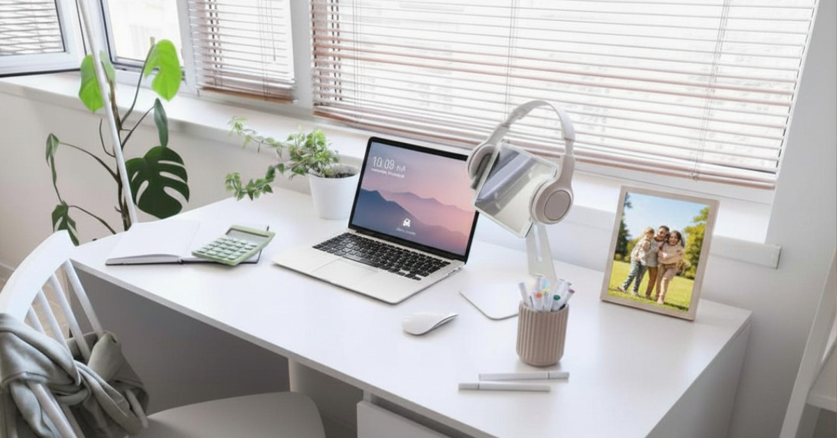 clean desk with a locked secure computer and phone setup